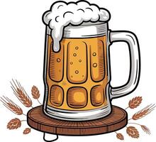 Beer Mug with Foam, Wheat and Hops. Classic Craft Beer Illustration for Pubs and Breweries vector