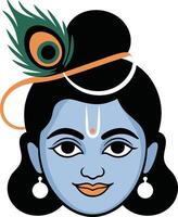 Lord Krishna Face with Peacock Feather. Hindu Deity Icon, Janmashtami, Indian Festival vector