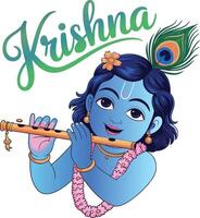 Cute Baby Krishna Playing Flute with Krishna Calligraphy. Janmashtami, Hindu Deity, Indian Festival vector