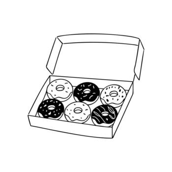 Illustration of six donuts with various toppings in an open box vector