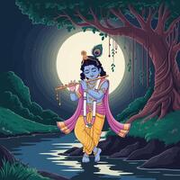 Krishna musician by moonlit river vector