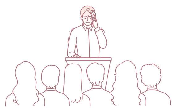 un nervioso altavoz frente a el audiencia a un profesional presentación evento y diálogo vector