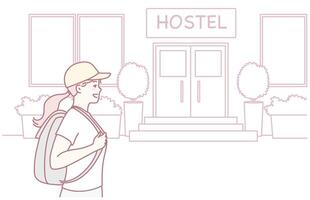 A Young Traveler Excitedly Arrives at a Cozy Hostel, Eager for New Adventures Awaiting vector