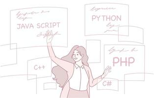 Illustration Representing Various Programming Languages and Female Developer Community Empowerment vector