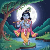 Krishna with flute near river vector