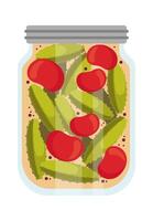Glass jar with canned cucumbers and tomatoes flat icon vector
