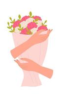Hand with beautiful spring bouquet flat icon vector
