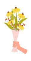 Hand with yellow wildflower Summer Gloriosa daisies bouquet vector