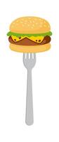 Cheeseburger on fork flat icon Tasty fast food vector