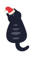 Cute black cat in Santa Claus hat sitting flat icon vector