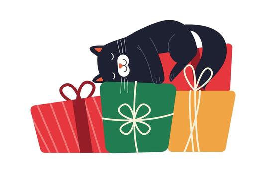 Cat and Christmas flat icon Lazy cat play sleep on presents vector