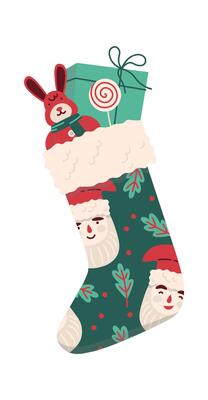 Winter holiday decor Christmas socks with toy rabbit and present