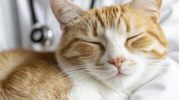 A cat is sleeping with a stethoscope around its neck photo