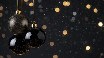 Glamorous black and gold Christmas baubles dangling from fine strings photo