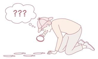 A detective is diligently investigating various clues using a magnifying glass to find answers vector
