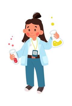 Chemist flat icon Girl with lab flask for experiment vector