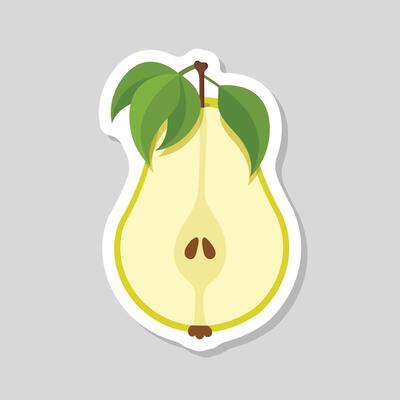 Pear sticker with green leaf on a gray background