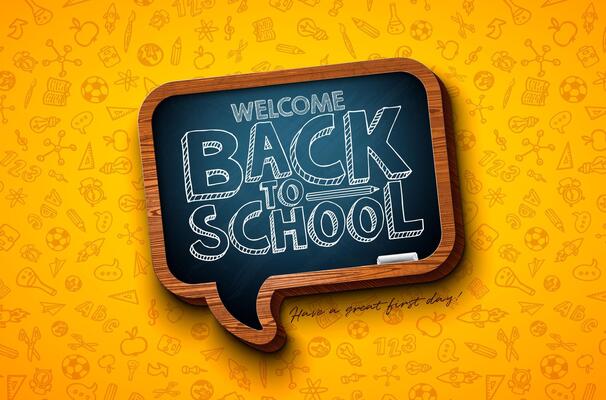Welcome Back to School Banner Design with Speech Bubble Shape Chalkboard and Typography Lettering on Yellow Hand Drawn Doodles Background. School Education Illustration for Greeting Card, Flyer