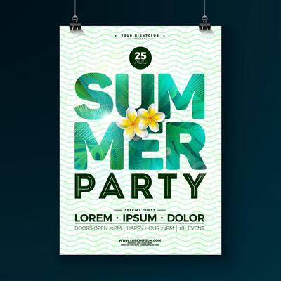 Summer Beach Party Flyer Design with Flower and Tropical Palm Leaves in Text Label on Abstract Vintage Wavy Background. Summer Music Holiday Illustration with Typography Lettering for Banner