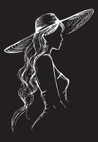 A woman in a hat is drawn in black and white vector