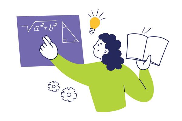 Flat cartoon illustration of school girl writing on chalkboard with notebook in hand. Pythagorean theorem, light bulb icon. Education theme, school life, learning process, academic visuals