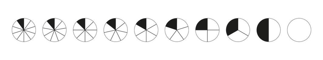 Circle division on 1, 2, 3, 4, 5, 6, 7, 8, 9, 10 equal parts. Wheel round divided diagrams with one, two, three, four, five, six, seven, eight, nine, ten segments. Infographic set. Coaching blank. vector