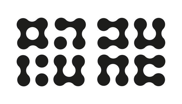 Metaball icons. Connected dots signs. Circles pattern. Integration abstract symbol. Point movement. Connected blobs. Metaballs transition. Logos set. vector