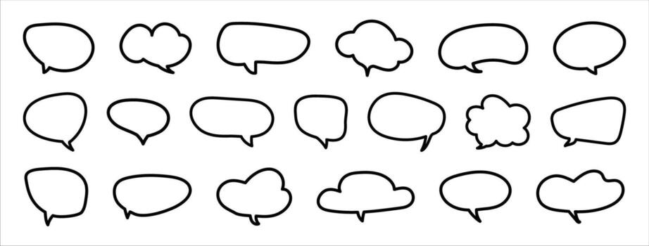 Speech bubble samples. Fun dialogue outline frames. Chat box, empty social media message balloon, silhouette. Communication network black symbols in doodle style. Information, idea, quote icons. vector