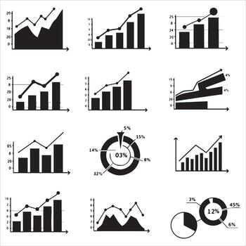 Black and white graphic showing a line chart with data points and a bar chart vector