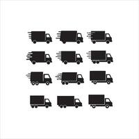 Collection of black delivery trucks in motion and stationary poses vector
