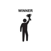 Silhouette of a person holding a trophy above their head with the word winner vector