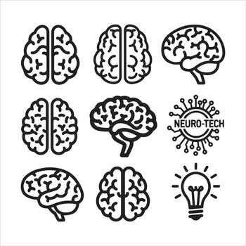 Collection of stylized brain graphics and neural network symbol vector