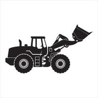 Heavy duty wheel loader with raised bucket in black and white vector