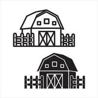 Simple barn and fence designs in outline and silhouette vector