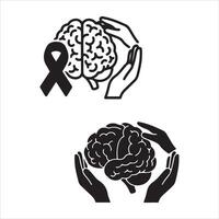 Hands gently protecting a human brain with a green awareness ribbon vector