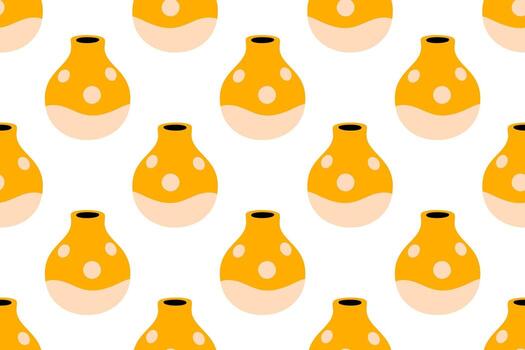 Seamless pattern of yellow ceramic vases with round dots on white background vector