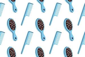 Seamless pattern of plastic combs and brushes with blue details for haircare and hygiene designs vector