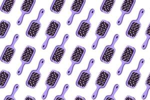 Seamless repeating pattern featuring violet wide combs with circular handle for detangling hair vector