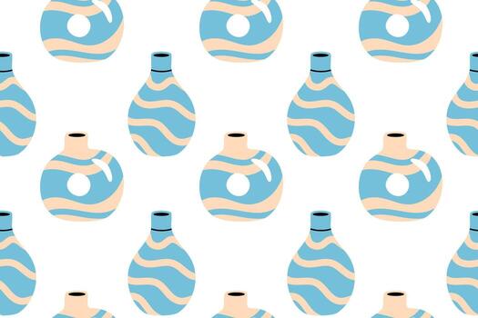 Seamless pattern with abstract round vases and blue wave design on white background vector