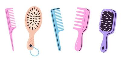 Compact collection of plastic hairbrush and combs in pastel tones for hair grooming vector