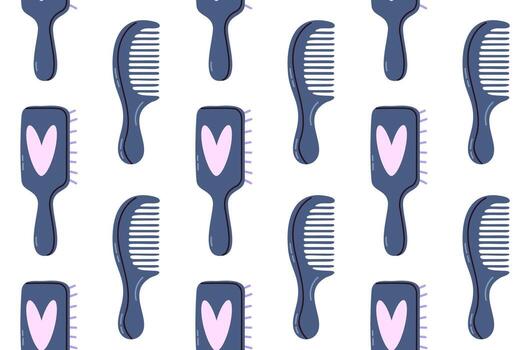 Repeating pattern with dark combs and brushes featuring a heart symbol on the handle vector