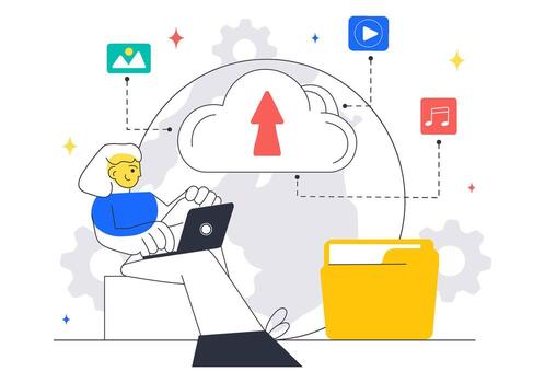 Cloud Network System Illustration with Digital Data Flow, Speed Connection, and Monitoring vector