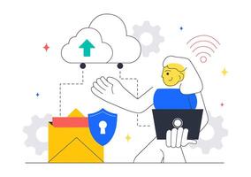 Cloud Technology Illustration with Data Analytics, Server Monitoring, and Network Connections vector