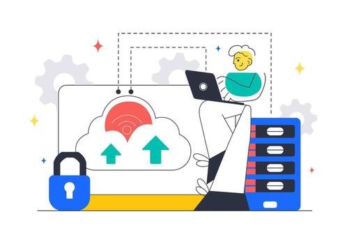 Flat Style Cloud Computing Design Showing Data Statistics, Server, and Digital Network vector