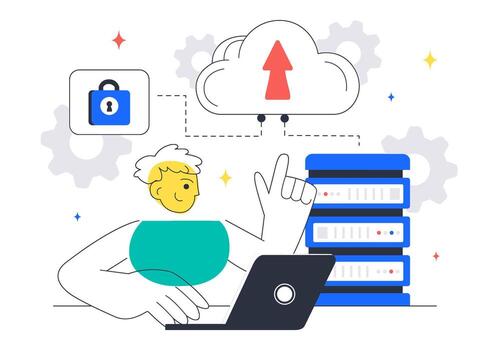 Modern Cloud Computing System with Real-Time Analytics, Servers, and Data Network vector