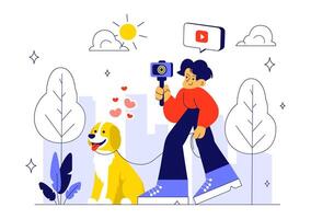 Young Vlogger Live Streaming and Browsing Social Media Illustration in Cartoon Style vector