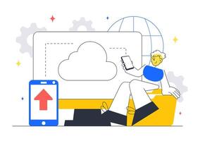 Digital Cloud Computing Concept Featuring Servers, Analytics, and Database in Flat Cartoon Style vector