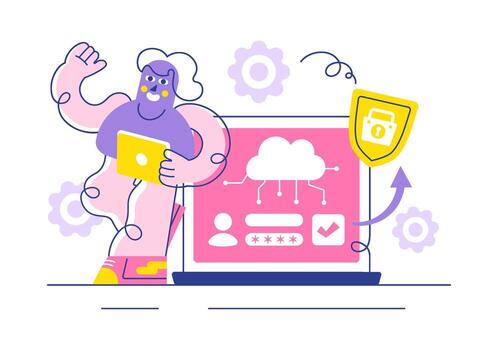 nube apoyo y seguridad sistema en plano dibujos animados tecnología estilo vector
