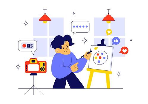 digital creador diario vlog concepto con social medios de comunicación Interacción en plano estilo vector