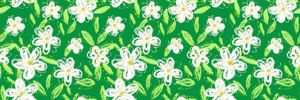 Seamless floral pattern with crayon style flowers and yellow centers on a vibrant green background. Abstract hand drawn texture, template for summer textiles and wrapping paper vector